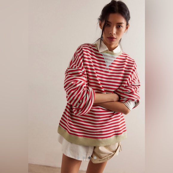 Closeout!▪️Free People Oversized Striped Pullover Sweatshirt in Cherry Combo - Picture 4 of 9